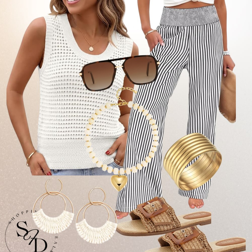 A White Knit Tank with Striped Pants and Warm Gold Details