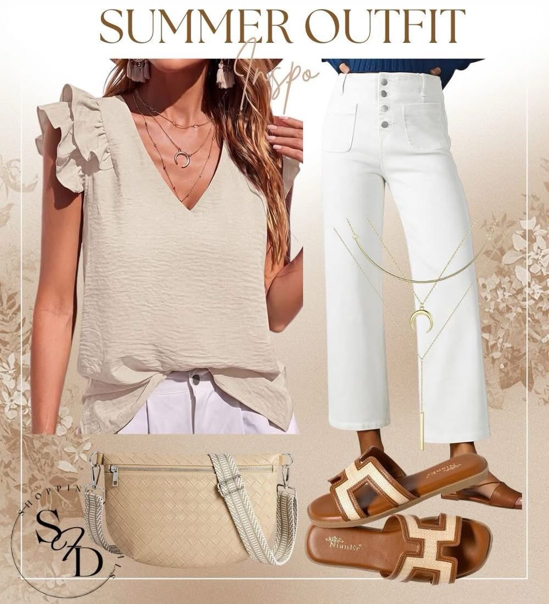 A Ruffled Cream Top with White Jeans and Brown Sandals