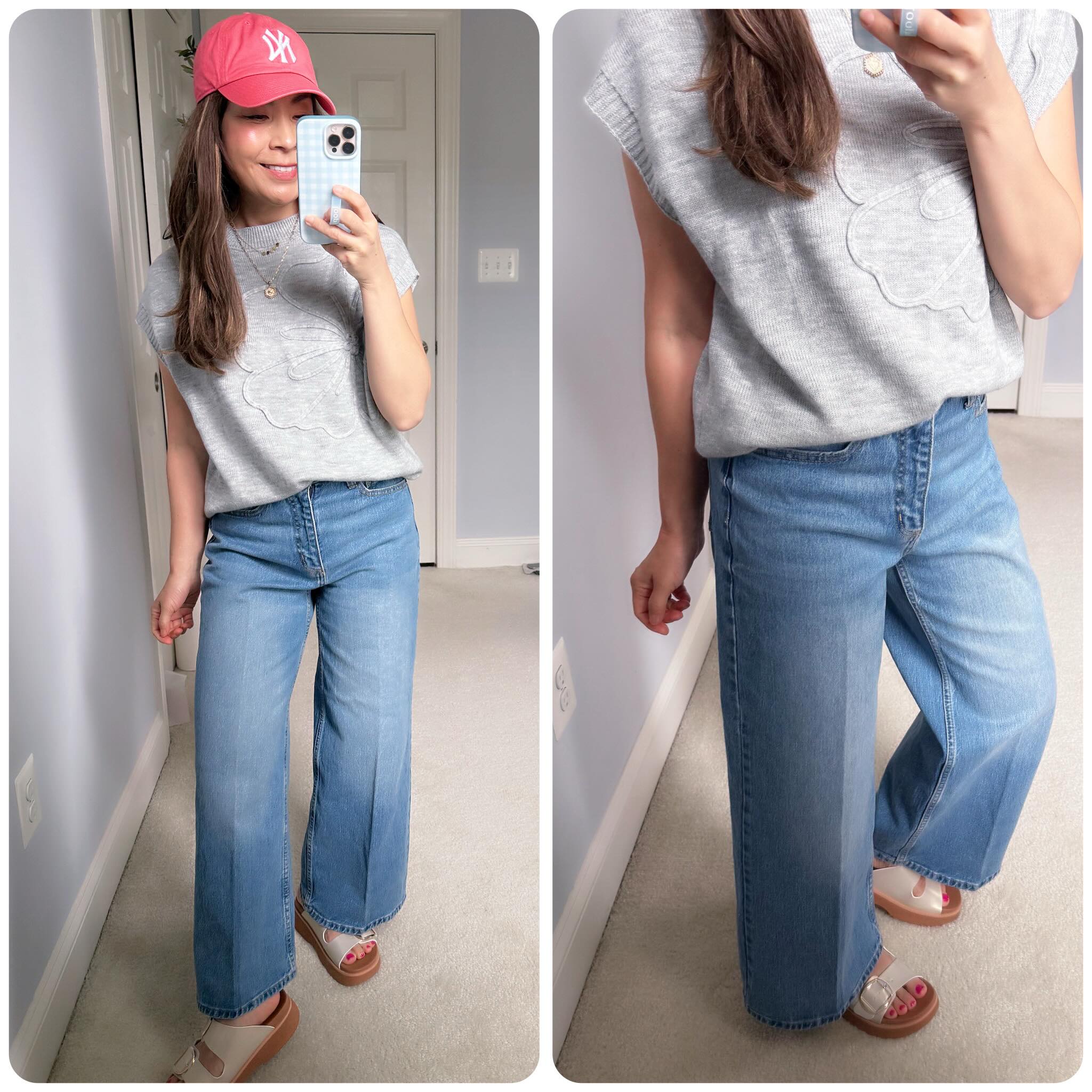 A Gray Tee with Wide-Leg Jeans and a Bright Baseball Cap